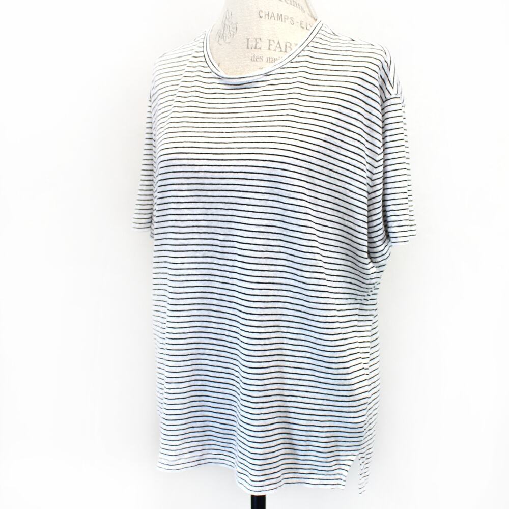 ATM 100% Linen Black White Stripped Casual Blouse Top T-Shirt Nautical Large